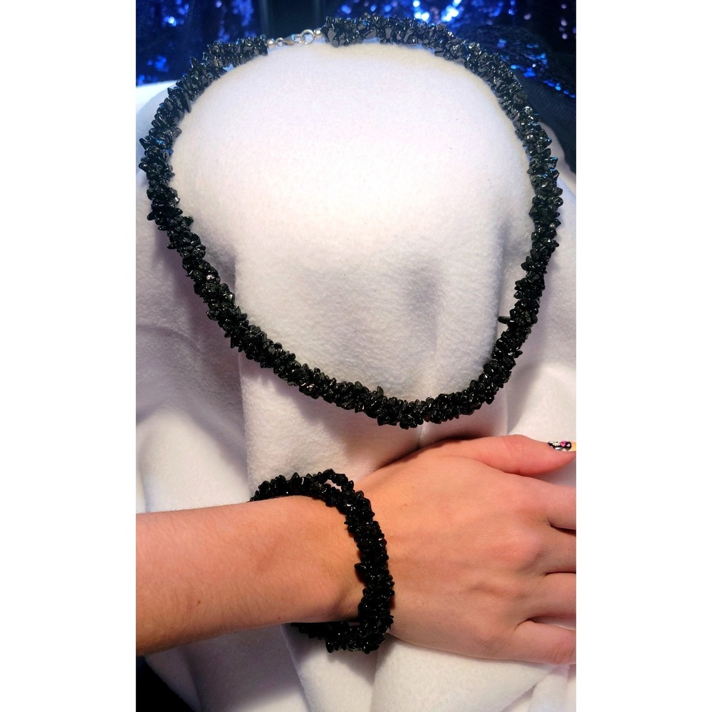 NEW Sparkling‎ Black Gemstone Necklace Bracelet Set Crystal Beaded Choker Women